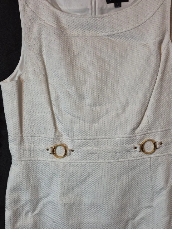 Tahari White Textured Midi Sheath Dress with Gold Buckle Detail - Picture 3 of 5